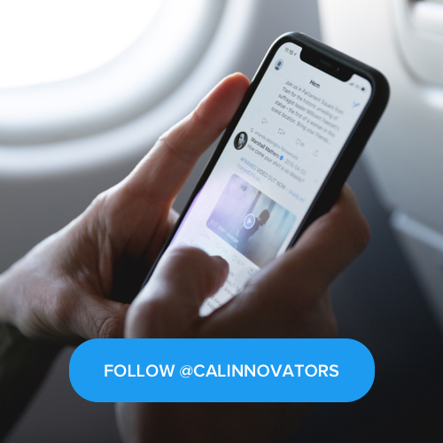 photo of a person using a smartphone, overlaid with a button reading: Follow @CalInnovators